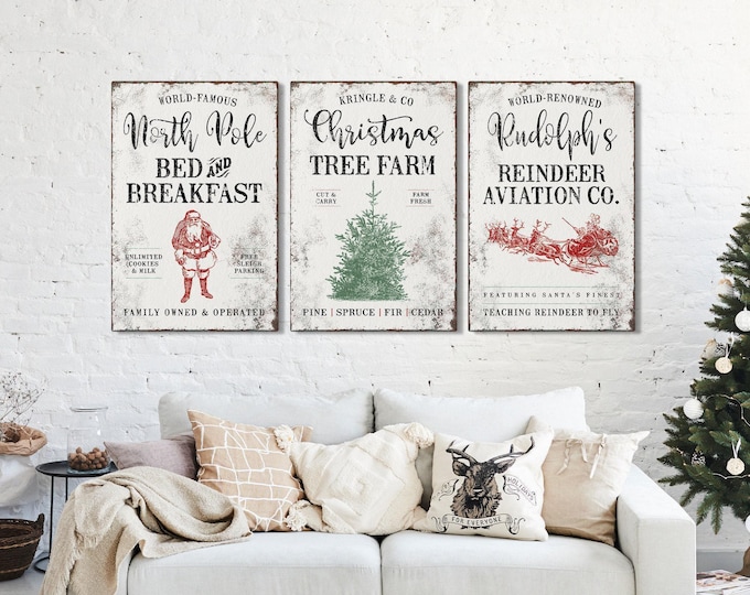 Christmas Farmhouse Triptych Wall Art: Vintage Santa Signs Set