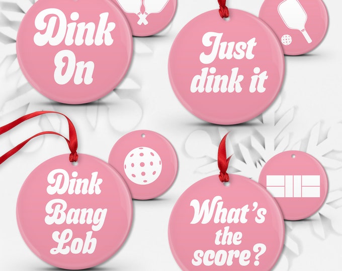 Set of 4 Bubblegum Pink Pickleball Ornaments {01-04} • Porcelain or Shatterproof Aluminum Christmas Ornament, Double-Sided, Choice of Colors