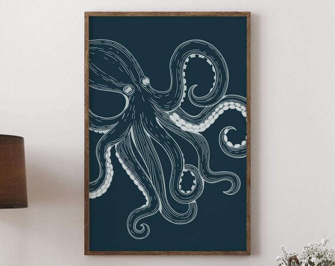 Octopus Art Print, Cream White Line Drawing On Deep Indigo Navy, Nautical Decor