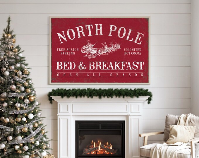 Festive Keepsake, Crimson North Pole Bed and Breakfast Print with Santa and Reindeer