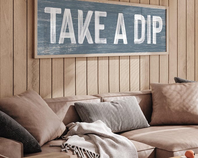Patio Sign, Outdoor Wall Art, Pool Decor, Vintage Harbor Blue TAKE A DIP Skinny Sign, Rustic Faux Wood Decoration, Perfect Pool Gift Idea