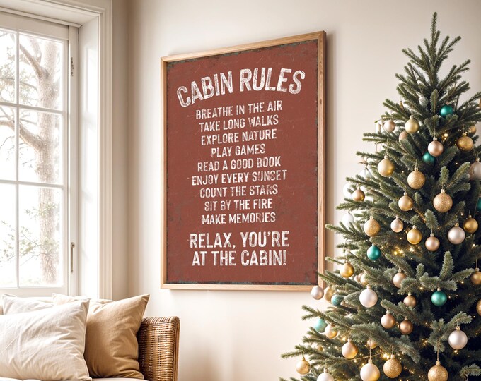 Rustic Cabin Rules Wall Art – Clay Brown Winter Sign for Ski Lodge, Chalet or Mountain Home