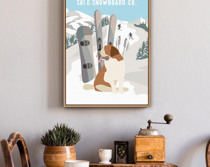 Snowboard Decor, Good Dog Ski and Snowboard Co Saint Bernard Poster, Retro Blue Lodge Art