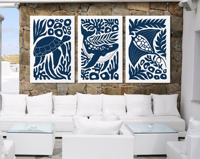 Abstract Ocean Art Set of Three, Navy Cutout Sea Animals Triptych, Beach House Gift