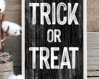 Decoración de pared de Halloween en blanco y negro con la frase "Truco o trato", letrero para porche estilo granja, regalo para niños.