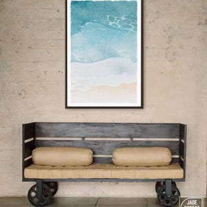 Coastal Waves Print, Oversized Aerial Teal Shoreline, Minimal Beach House Wall Art