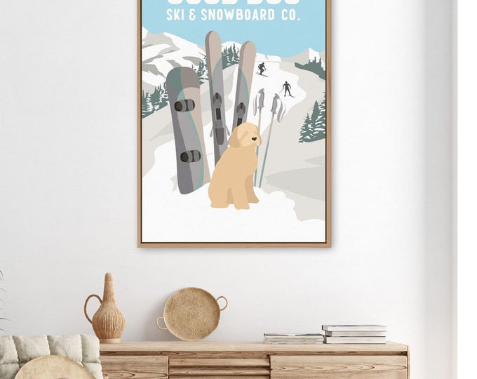 Rustic Ski Lodge Wall Art - Golden Doodle Dog, Retro Style