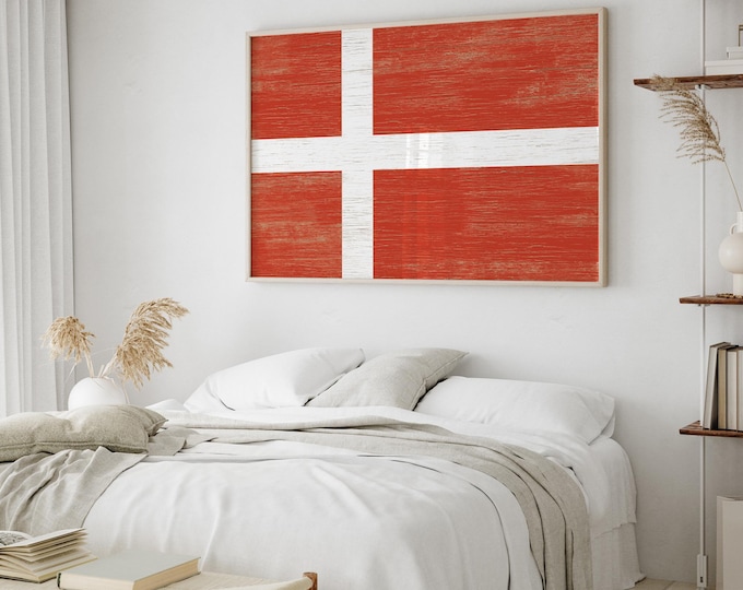 Flag of Denmark wall art, distressed Danish flag print, rustic Scandinavian decor, vintage Nordic poster, gift for Danes, Dannebrog Print