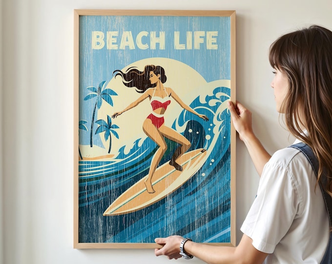 Beach Life Surf Wall Art, Woman Surfing, Blue Print