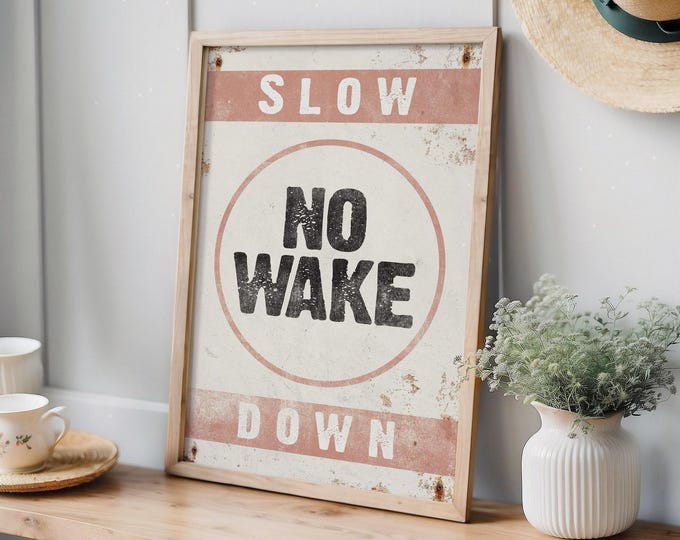 Slow Down No Wake Sign, Coral and Cream Retro Boat Wall Art, Lake House Gift for Boaters