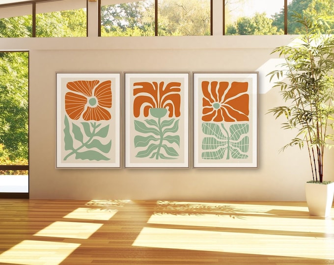 Art Print Above Bed, Modern Farmhouse Abstract Triptych Wall Art, Clean Floral Decor