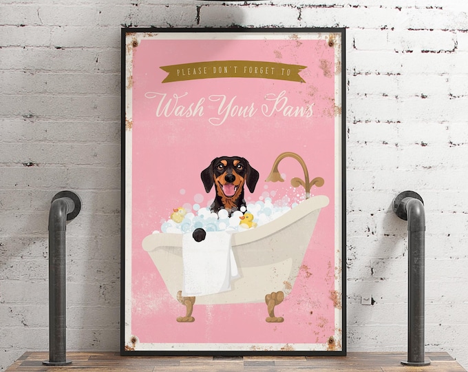 Whimsical Dachshund Bathroom Print: Bubble Bath Art, Wash Your Paws