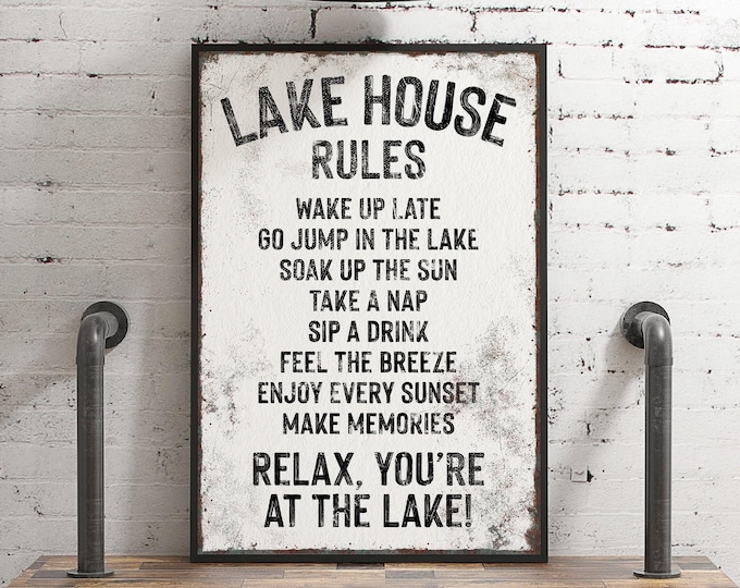 Vintage Style Rustic Lake House Rules Sign, White and Black Wall Art, Cabin Gift