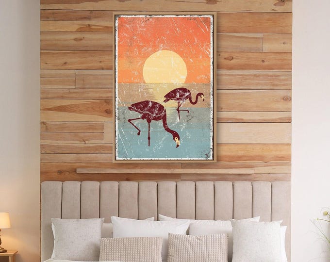 Sunset Flamingo Decor Print, Vintage Style Beach Wall Art, Orange and Teal Coastal Christmas Gift
