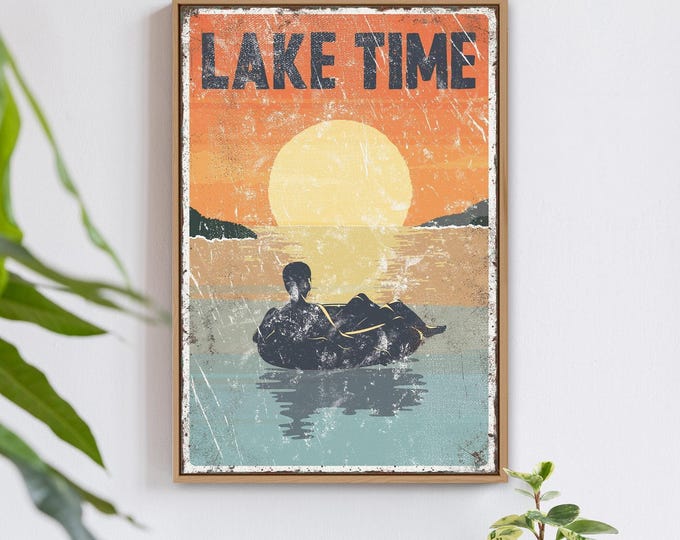 Lake Wall Art: Vintage Sunset Scene - Rustic Cabin Style