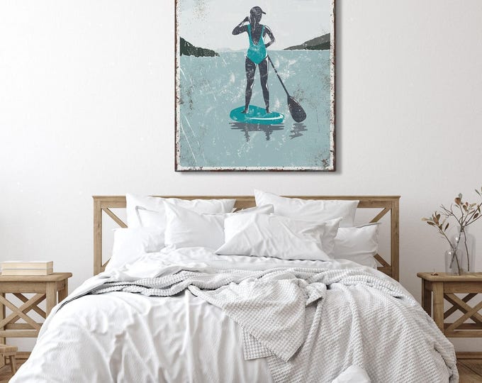 Vintage Signs, Lake Life Paddleboard Wall Art, Pale Aqua Teal Cabin Gift for Her