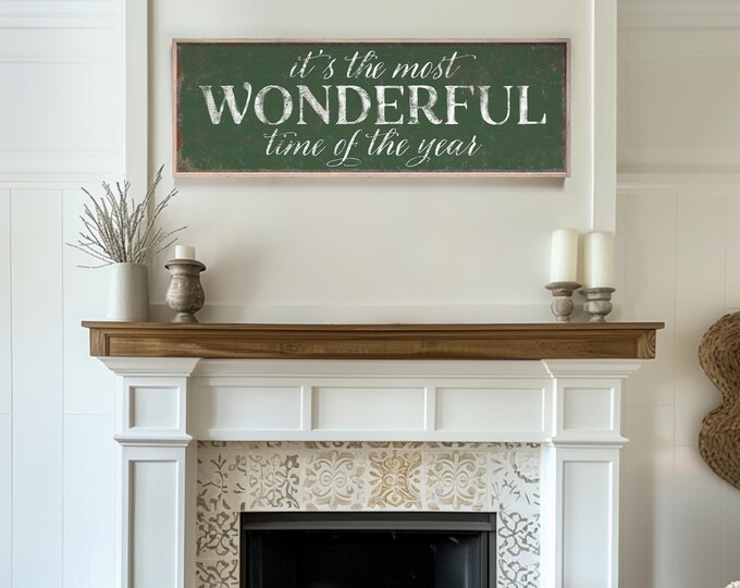 Deep Green Christmas Wall Art Print, It's the Most Wonderful Time of the Year Sign in Dark Green, Rustic Faux Rust Patina