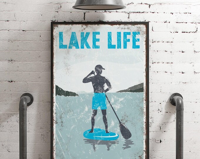 Lake Life Wall Sign: Vintage Paddleboarder - Rustic Blue Accents