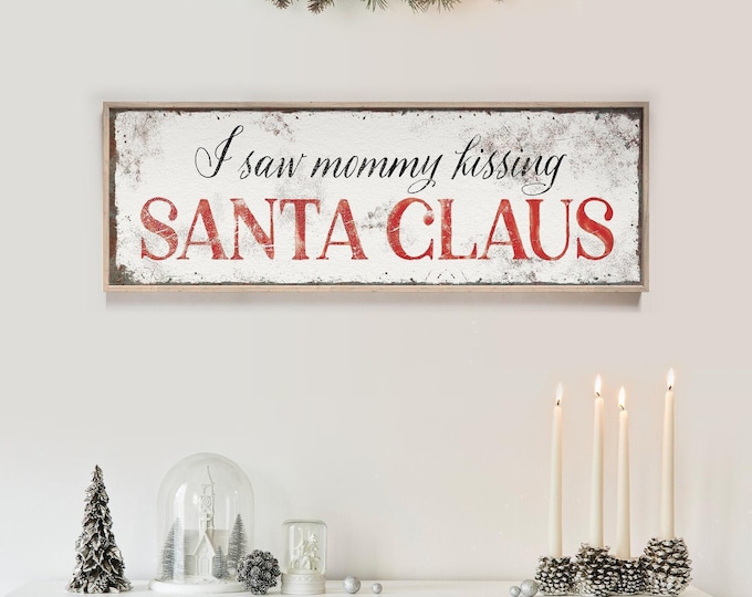 Santa Signs, a Weathered Mommy Kissing Santa Claus Carol Lyric in Barn Red and Cream