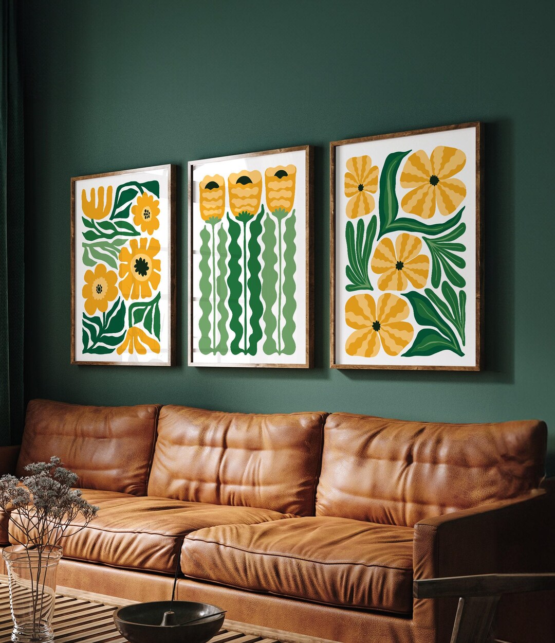 Yellow Flowers Wall Art, Set of 3, Botanical Canvas Print Set, Abstract ...