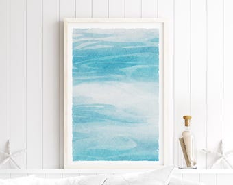 Coastal Art Print, Aqua and Teal Watercolor Water Canvas, Large Framed Beach House Wall Decor