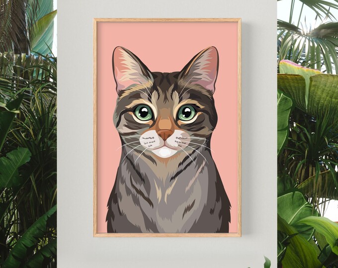 Pink Pop Art Cat Canvas, Colorful Tabby Decor, Modern Pet Portrait, Feline Wall Art, Dorm Room Gift, Bright Minimalist Design