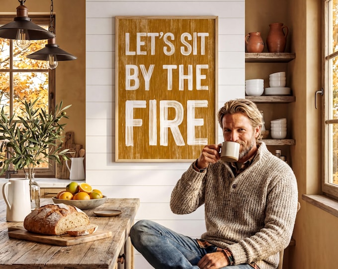 Cabin Wall Decor, Let's Sit by the Fire, Mustard Gold Rustic Wall Art