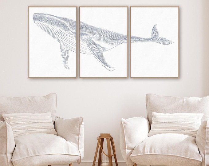 Minimalist Whale Wall Art Triptych: Indigo Ink, Set of 3 Panels