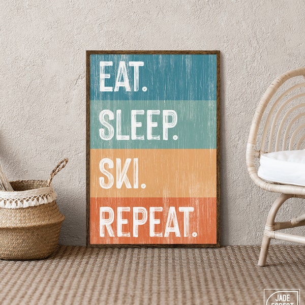 Vintage Eat Sleep Ski Repeat sign, Retro Ski Lodge Canvas Prints, Fun Ski Gift for Mothers Day, Gift for Ski Family, Striped Ski Decor