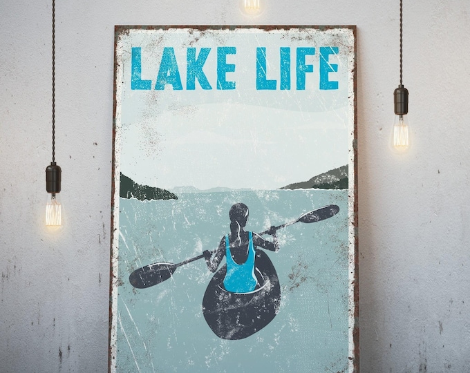 Vintage Lake Life Kayak Sign - Female Paddler, Blue Details