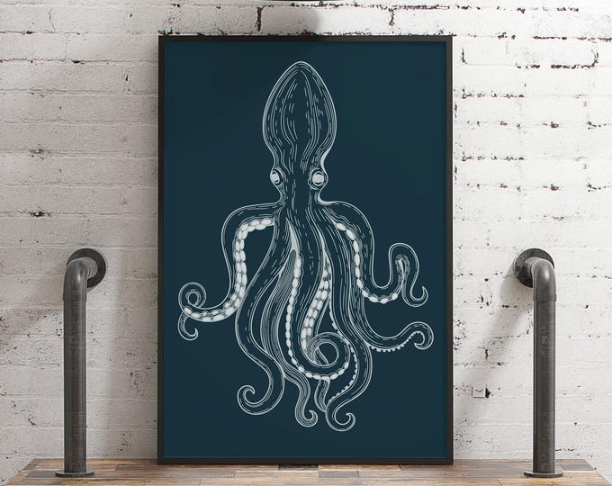 Octopus Art for Kids Rooms, White Kraken Line Print on Navy, Coastal Nursery Decor