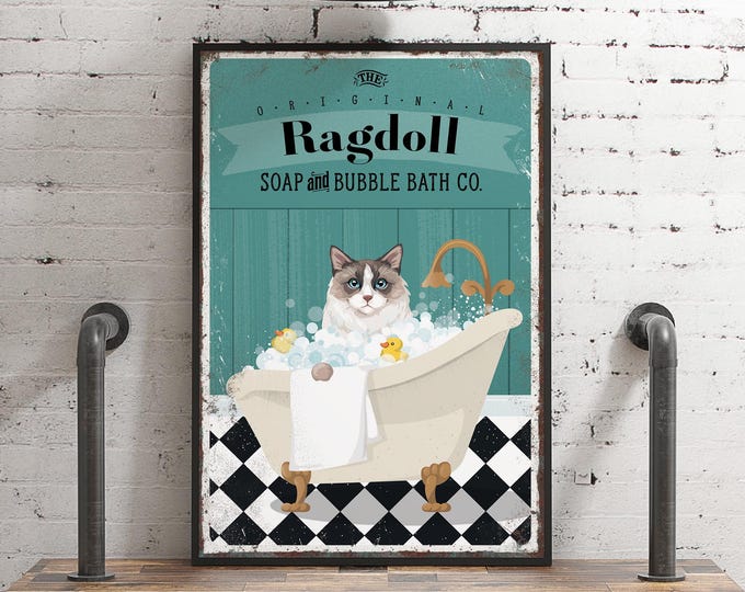 Cat Decor Sign, Ragdoll Bubble Bath Co Teal Bathroom Print, Vintage Tin Wall Art