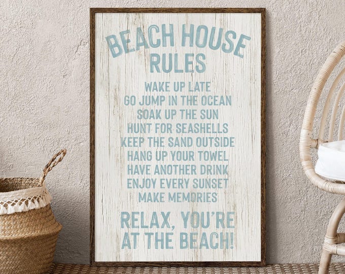 At the Beach Sign, Beach House Rules in Light Blue on Coastal White Wood