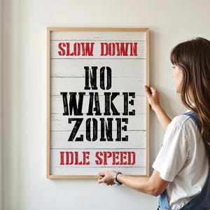 Vintage NO WAKE ZONE Canvas, Black and Red Wall Art Print for Modern Lake House Decor, Coastal Wall Art for Hostess Gift