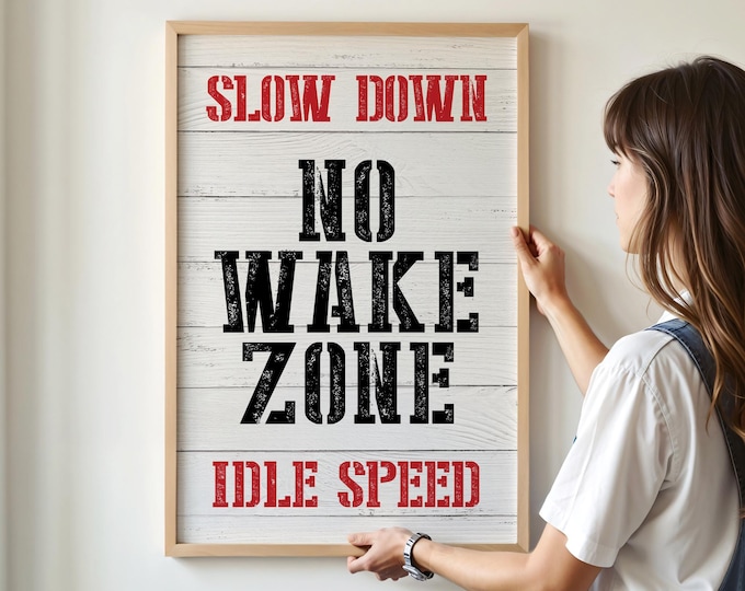 Vintage NO WAKE ZONE Canvas, Black and Red Wall Art Print for Modern Lake House Decor, Coastal Wall Art for Hostess Gift