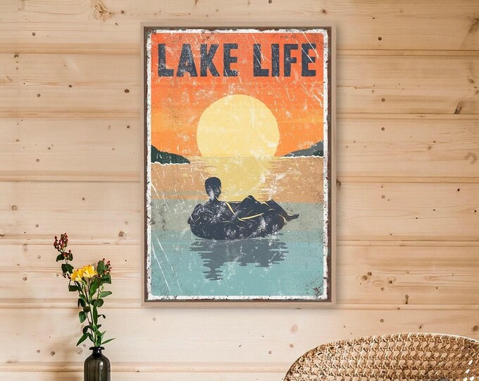 Inner Tube Wall Art, Vintage Lake Life Sunset with Male Tuber, Teal and Orange