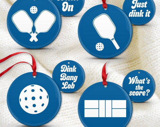 Pickleball Holiday Ornaments, Ceramic & Metal (Set of 4, Double-Sided)