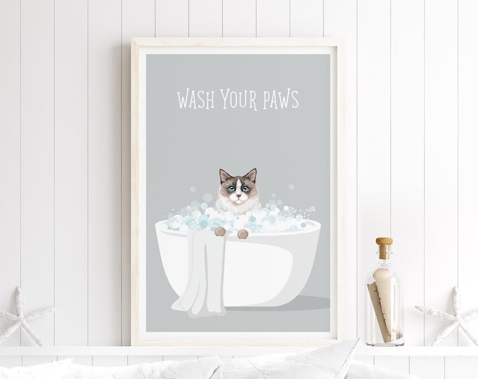 Ragdoll Cat Wash Your Paws Bathroom Wall Art, Calm Pet Decor
