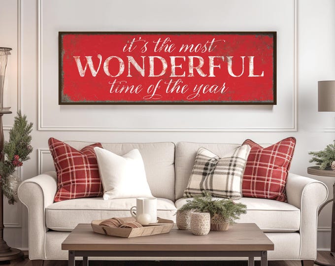 It's the Most Wonderful Time of the Year Sign in Bright Red, Extra Large Holiday Art Print, Lightweight Christmas Canvas Wall Art