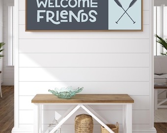 Vintage Farmhouse, Large Welcome Sign, WELCOME FRIENDS Sign, Rustic Canvas Print, Blue White Colors, Lake House Wall Art, Porch Decor
