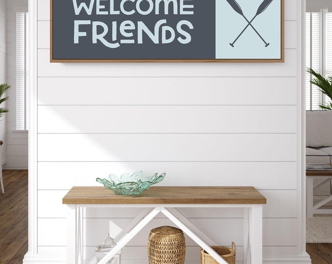 Vintage Farmhouse, Large Welcome Sign, WELCOME FRIENDS Sign, Rustic Canvas Print, Blue White Colors, Lake House Wall Art, Porch Decor
