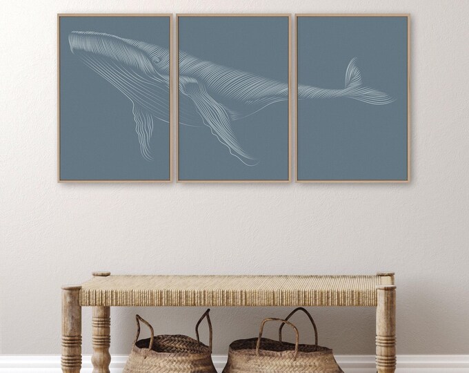 Whale Wall Art Triptych, Dotted Humpback Print on Slate Blue, 3 Panel Ocean Decor Set
