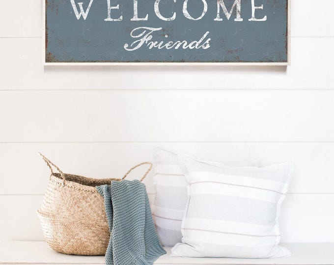 Dusty Blue Welcome Sign, Coastal Beach House Porch Art, Rustic Entryway Decor