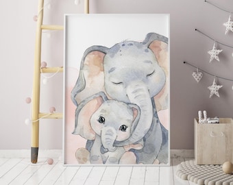 Baby Shower Gift, Mommy and Baby Elephant Watercolor Print, Grey and Blush Nursery Art