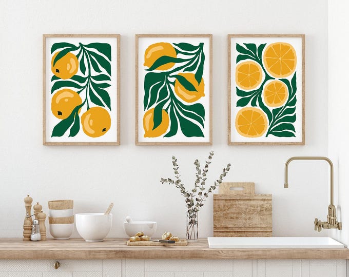 Large Triptych Art, Bright Yellow Lemons for the Kitchen, Cream and Green Panels
