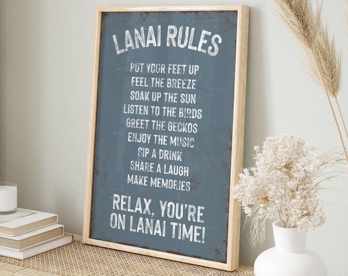 LANAI RULES sign in Harbor Blue, Rustic Lanai Canvas Prints, Rules of the Lanai Wall Art, Housewarming Gift for Floridian, Blue Lanai Decor