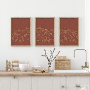 Triptych Wall Art, Mountain Landscape, Abstract Wall Art, 3 Piece Set, Modern Home Decor, Modern Farmhouse, Mountain Range Clay • 022