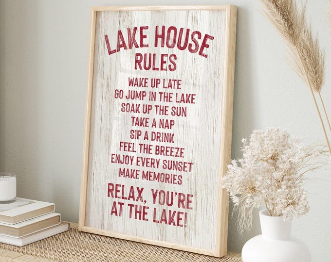 Framed Lake Decor, Lake House Rules Sign in Red Boho Cottage