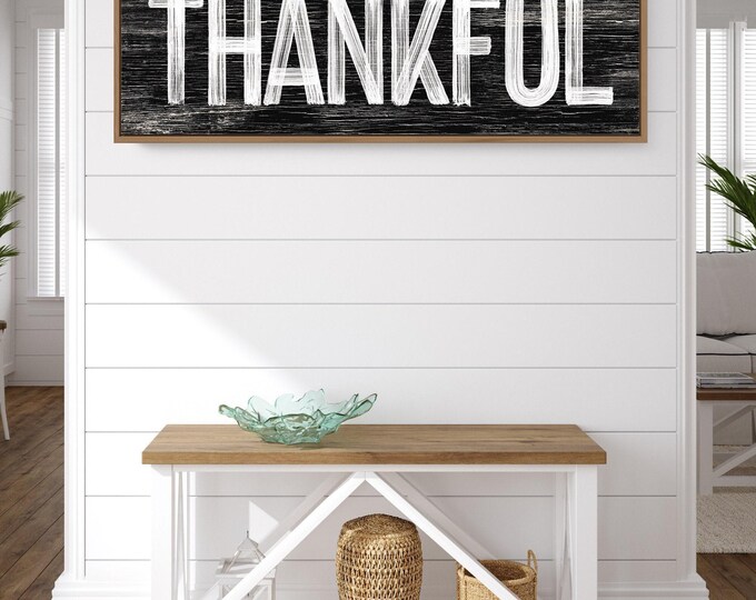 Autumn Wall Decor, Thanksgiving Sign, Farmhouse Fall Decor, Thankful Faux Wood Plaque, Seasonal Harvest Art, Long Horizontal Wall Hanging