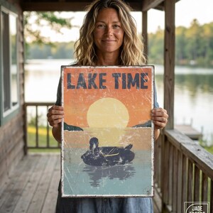 Vintage Rustic Style, Navy Lake Time Sign, Burnt Orange Sunset Tube Wall Art, Cabin Gift
